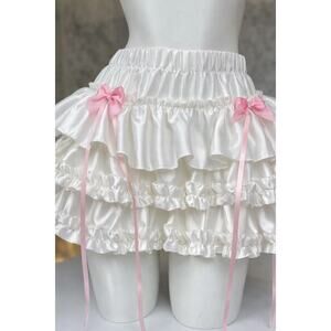 Korean Y2K White Satin Petticoat Style Layered Skirt w/ Pink Bows S, M, L, XL